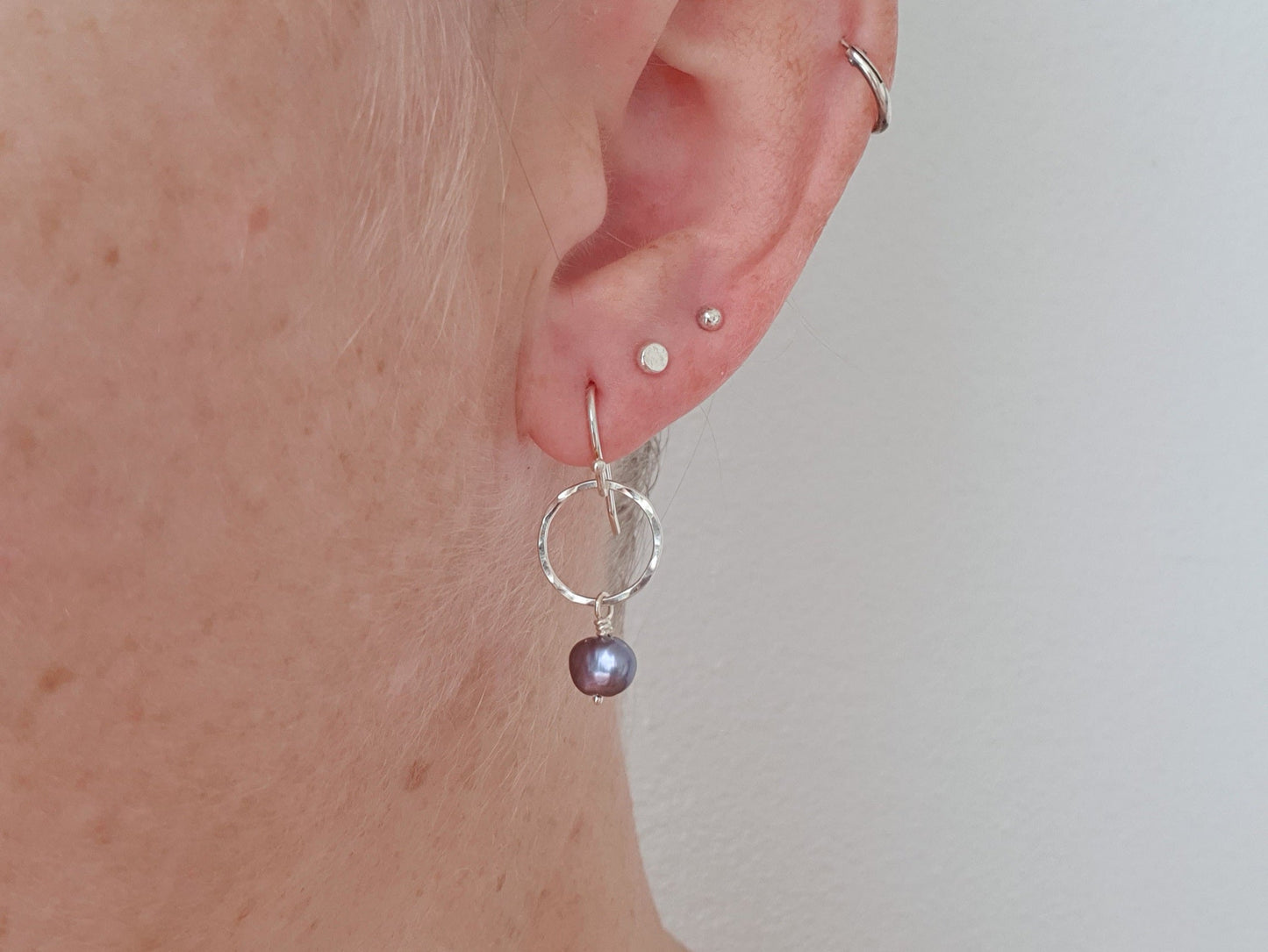 Hammered Circles with Blue Pearl Earrings