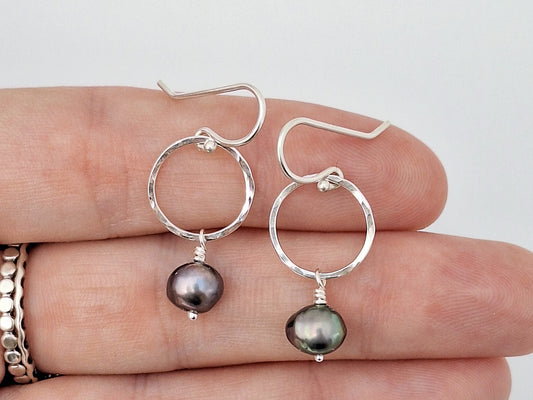 Hammered Circles with Blue Pearl Earrings