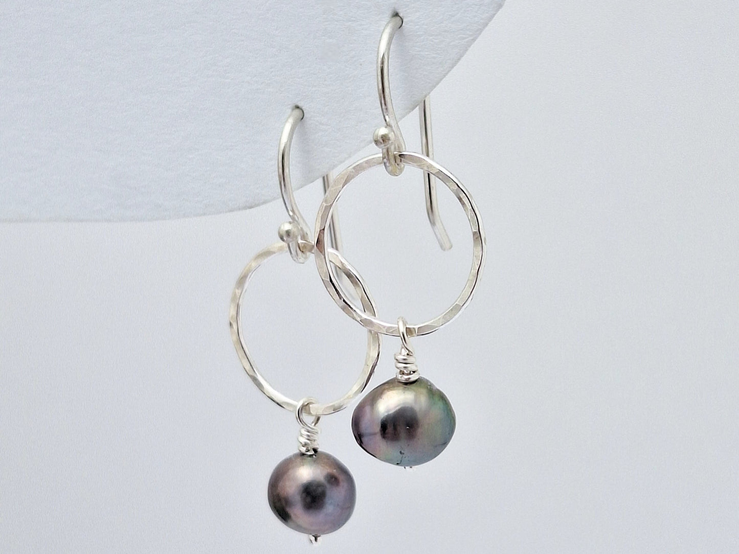 Hammered Circles with Blue Pearl Earrings