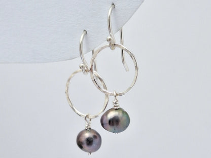 Hammered Circles with Blue Pearl Earrings