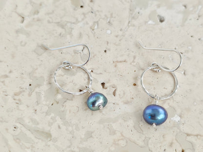 Hammered Circles with Blue Pearl Earrings