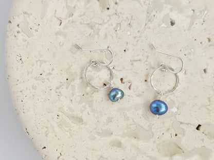 Hammered Circles with Blue Pearl Earrings