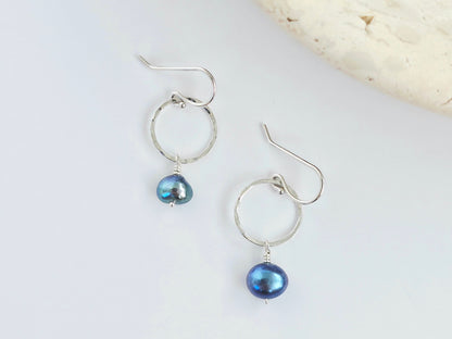 Hammered Circles with Blue Pearl Earrings