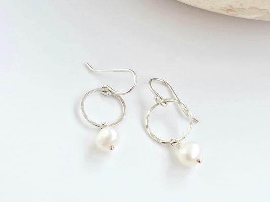 Hammered Circles with Pearl Earrings